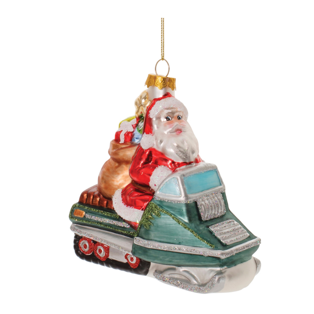 MELROSE SANTA ON SNOWMOBILE GLASS ORNAMENT