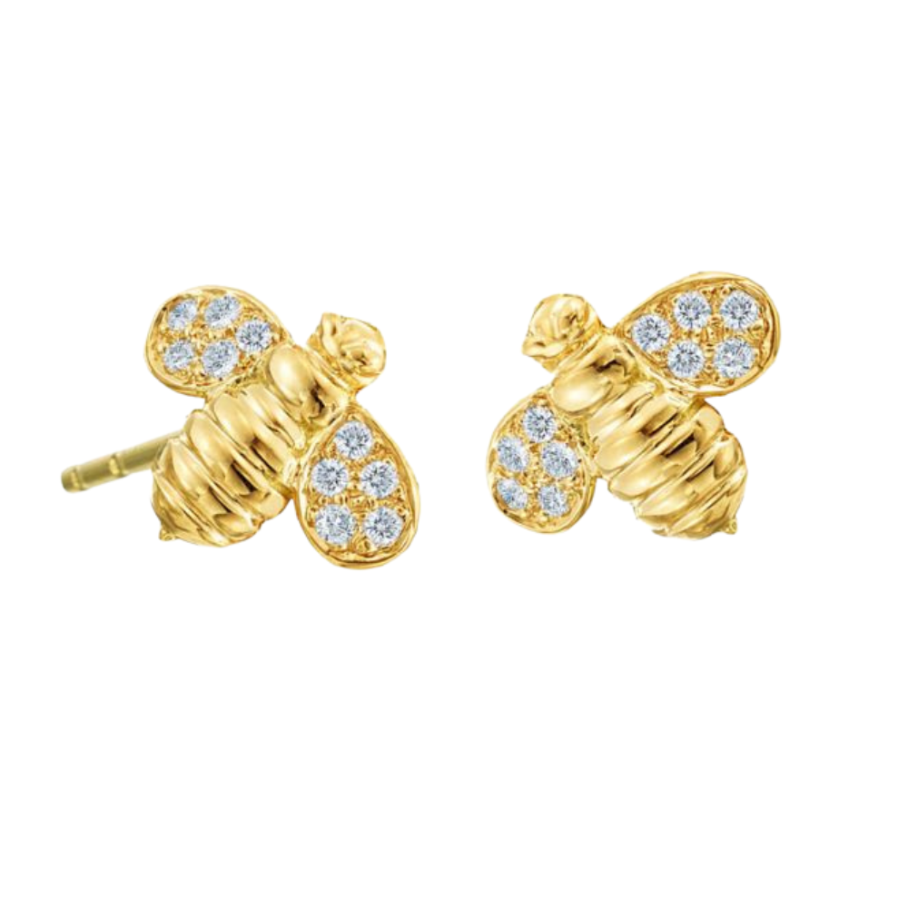 GUMUCHIAN 18K YELLOW GOLD STUD BEE WITH DIAMOND EARRINGS