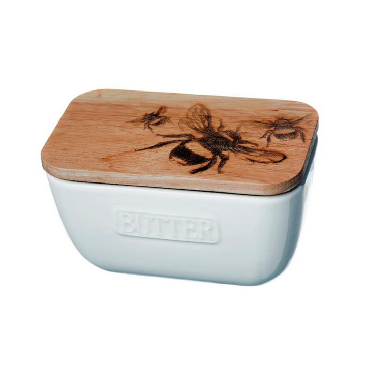 SELBRAE HOUSE BEE OAK & CERAMIC BUTTER DISH - WHITE