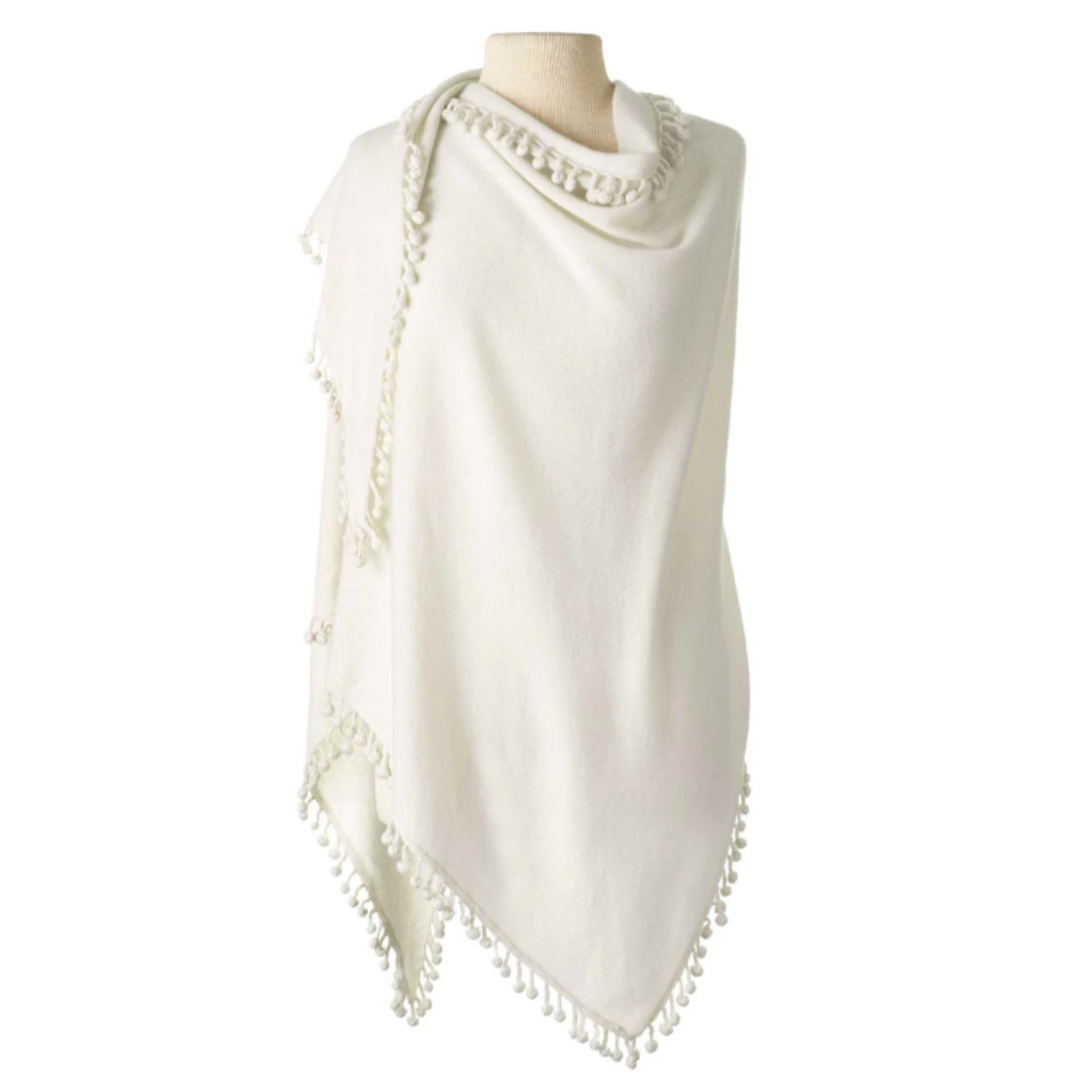 ALPINE CASHMERE IVORY POM POM TRIANGLE WRAP