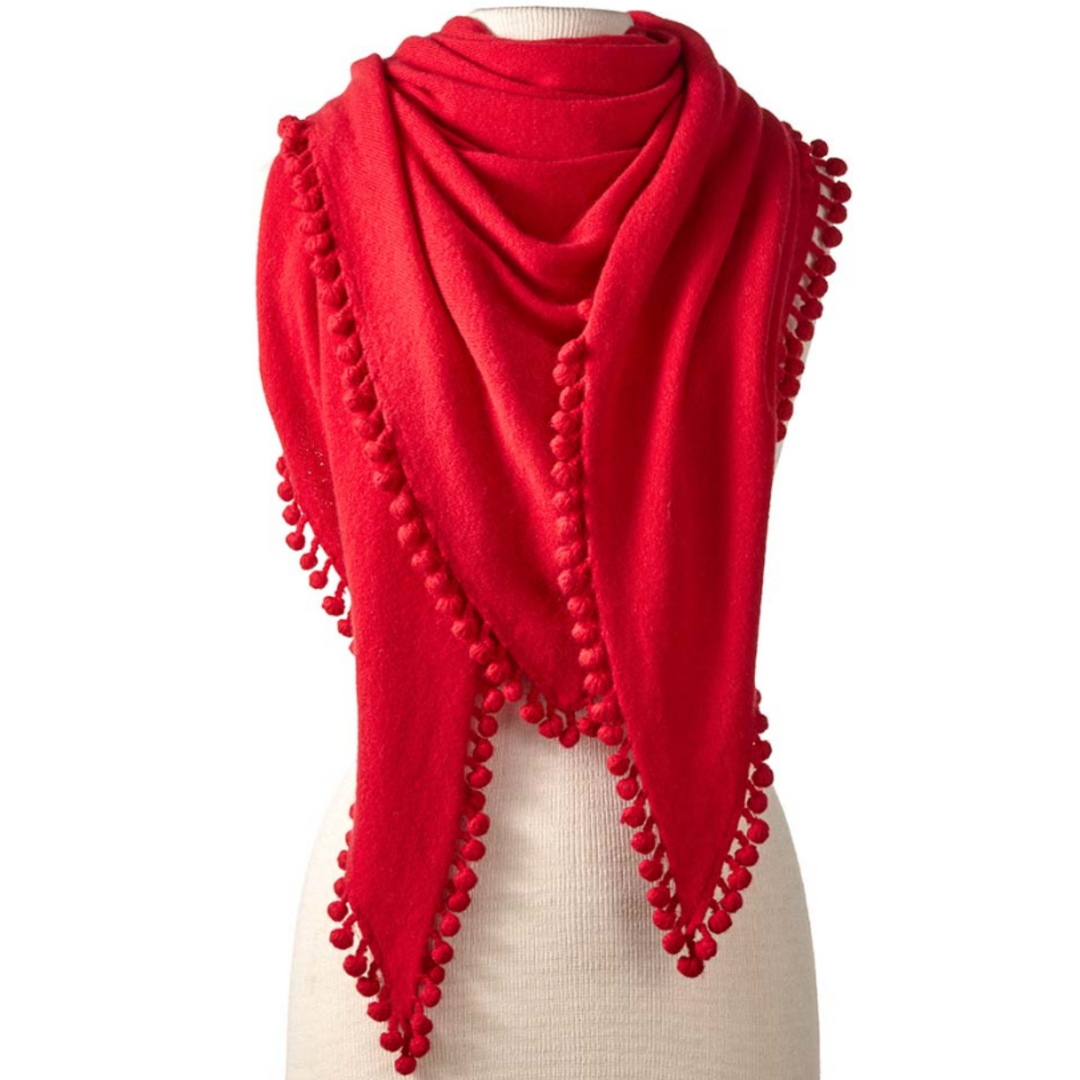 ALPINE CASHMERE CARDINAL POM POM TRIANGLE WRAP