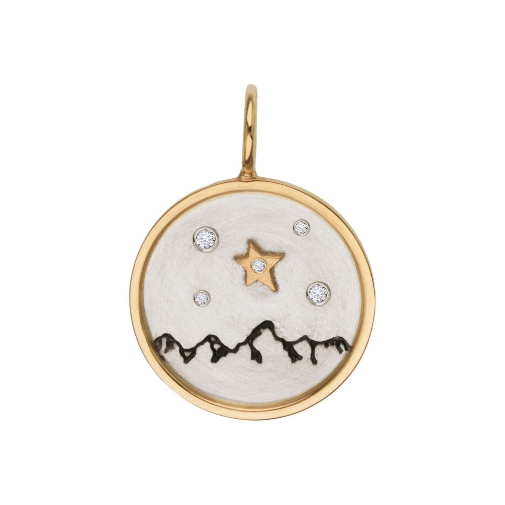 HEATHER B. MOORE 14K Gold Frame Surrounding Silver Teton Mountain Charm Under Diamond Filled Star