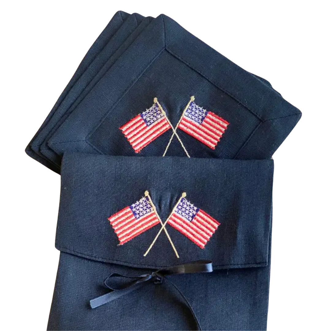 ARTE ITALICA American Flags Navy Linen Cocktail Napkins Set of 4