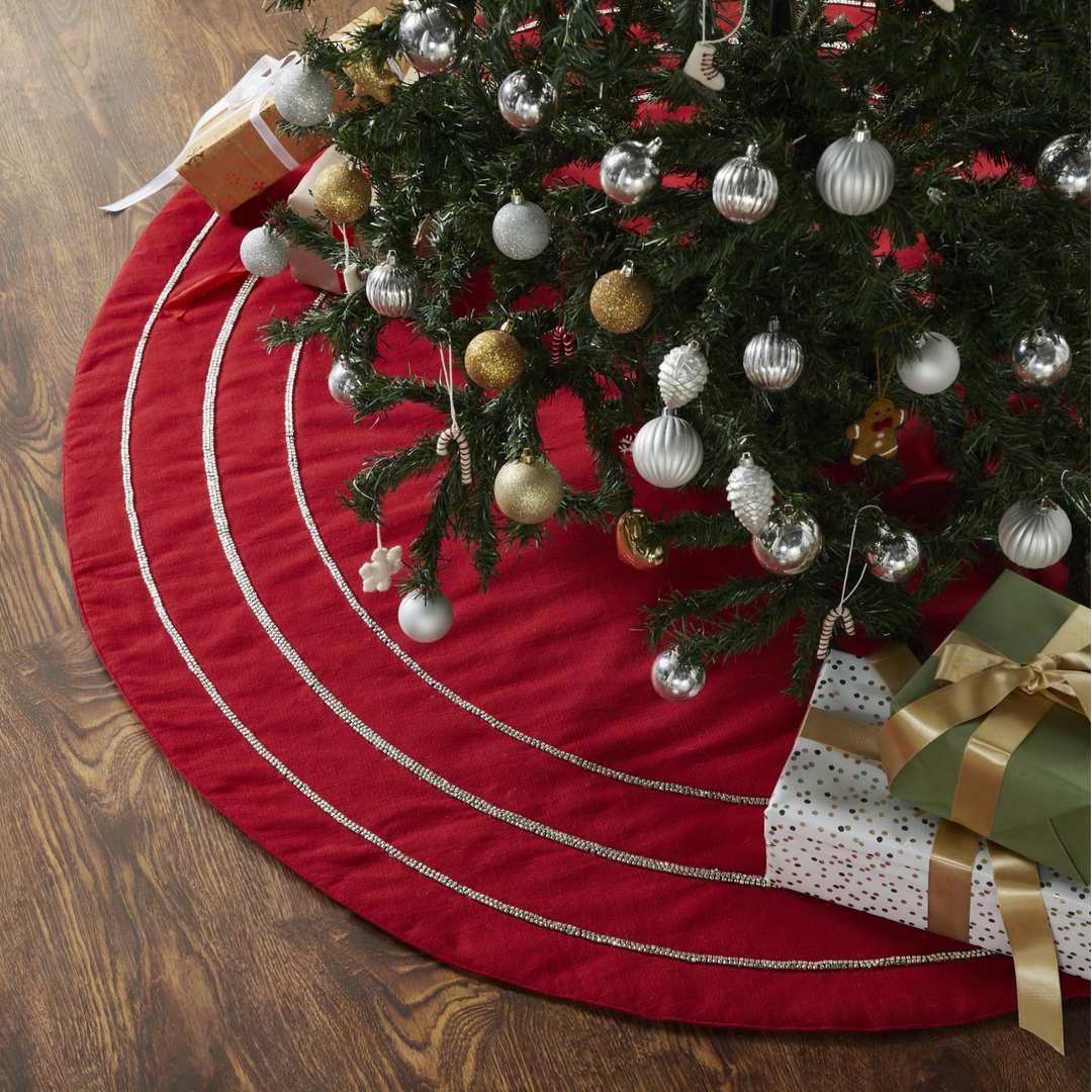 ARCADIA HOME Red Linen Nailhead Circle Tree Skirt