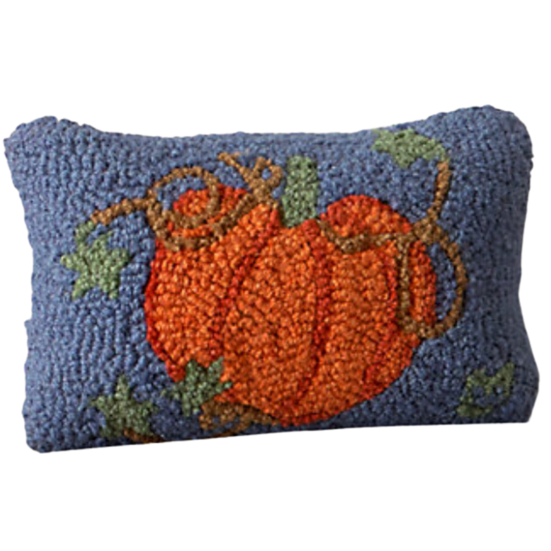 CHANDLER 4 CORNERS Pumpkin On Blue Hand Hooked Pillow