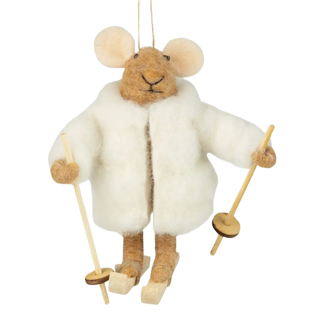 SILVER TREE Felt Mouse With White Puffer And Ski Poles