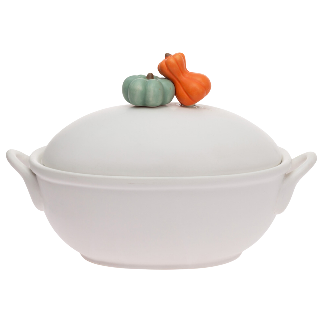 BOSTON INTERNATIONAL Large White Covered Bowl With Pumpkin Accents