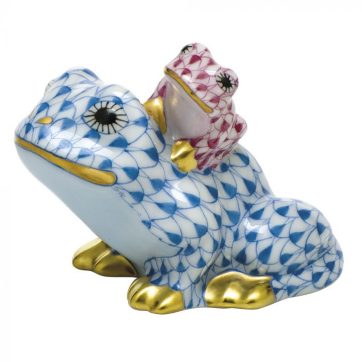 HEREND Mother And Baby Frog BLUE RASPBERRY