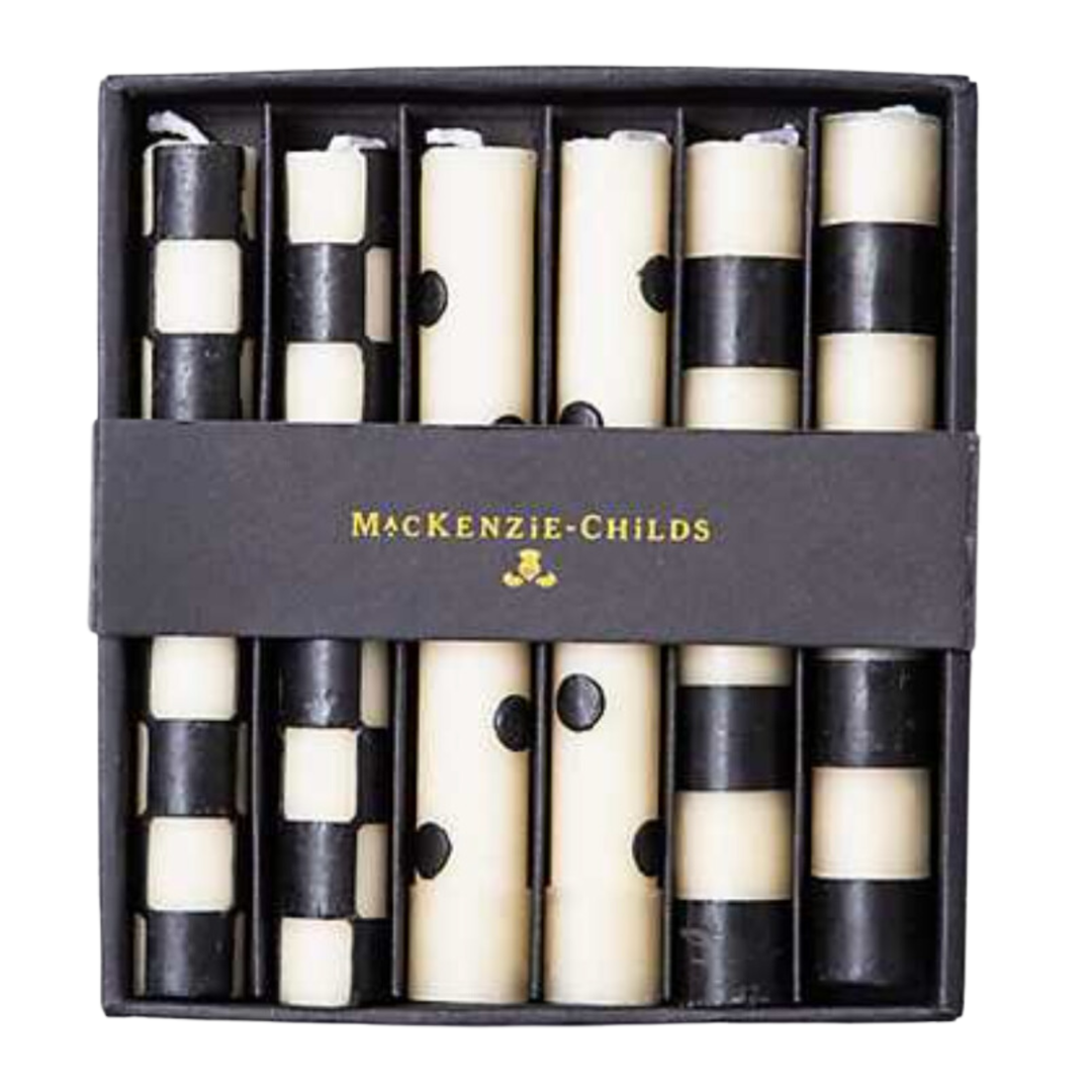 MACKENZIE CHILDS Mini Black And Ivory Candles Set Of 6