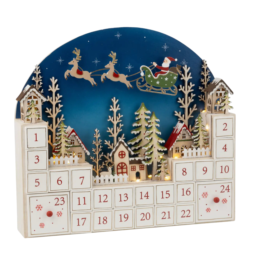 SILVER TREE Wooden Tabletop Advent Calendar With Santa And Sleigh