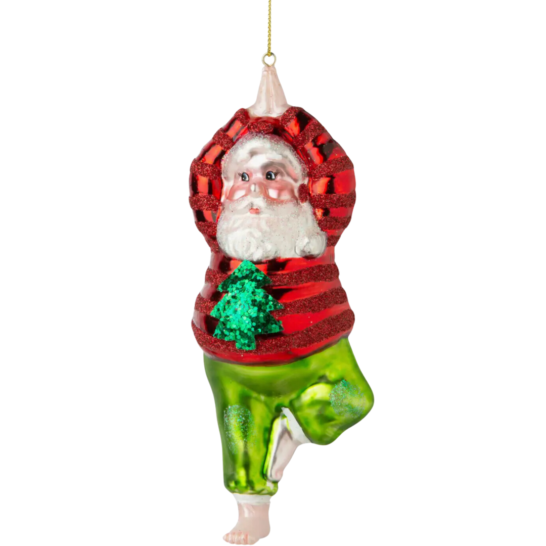 SILVER TREE Glass Blown Yoga Santa Ornament