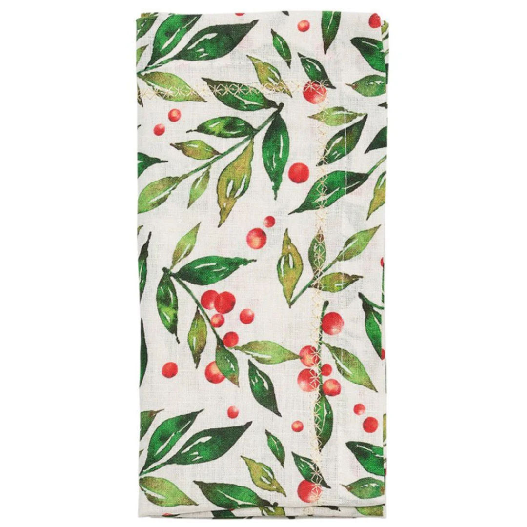 KIM SEYBERT Winter Foliage Napkin in White, Red And Green