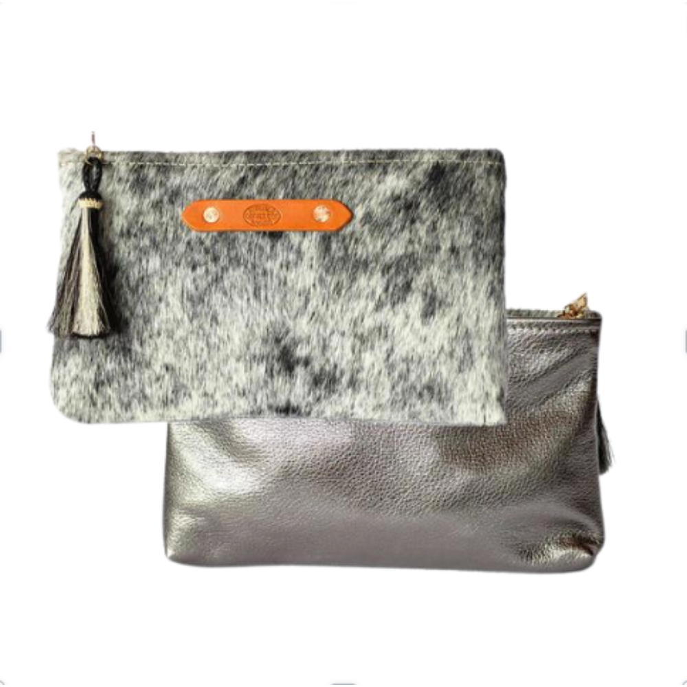 COPPERDOT LEATHER GOODS ZIPPY CLUTCH SILVER & BLACK COW HIDE