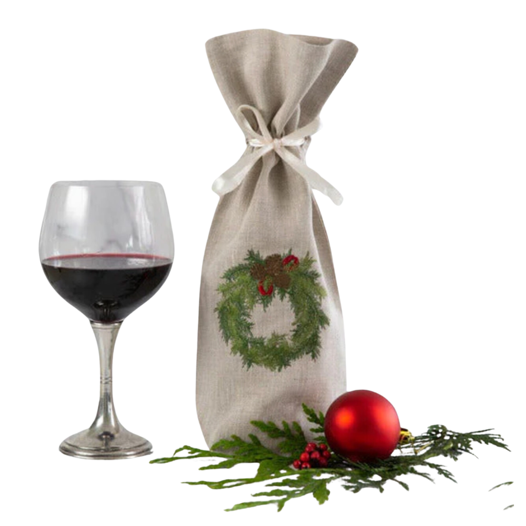 CROWN LINEN DESIGNS Linen Juniper Wreath Wine Bag