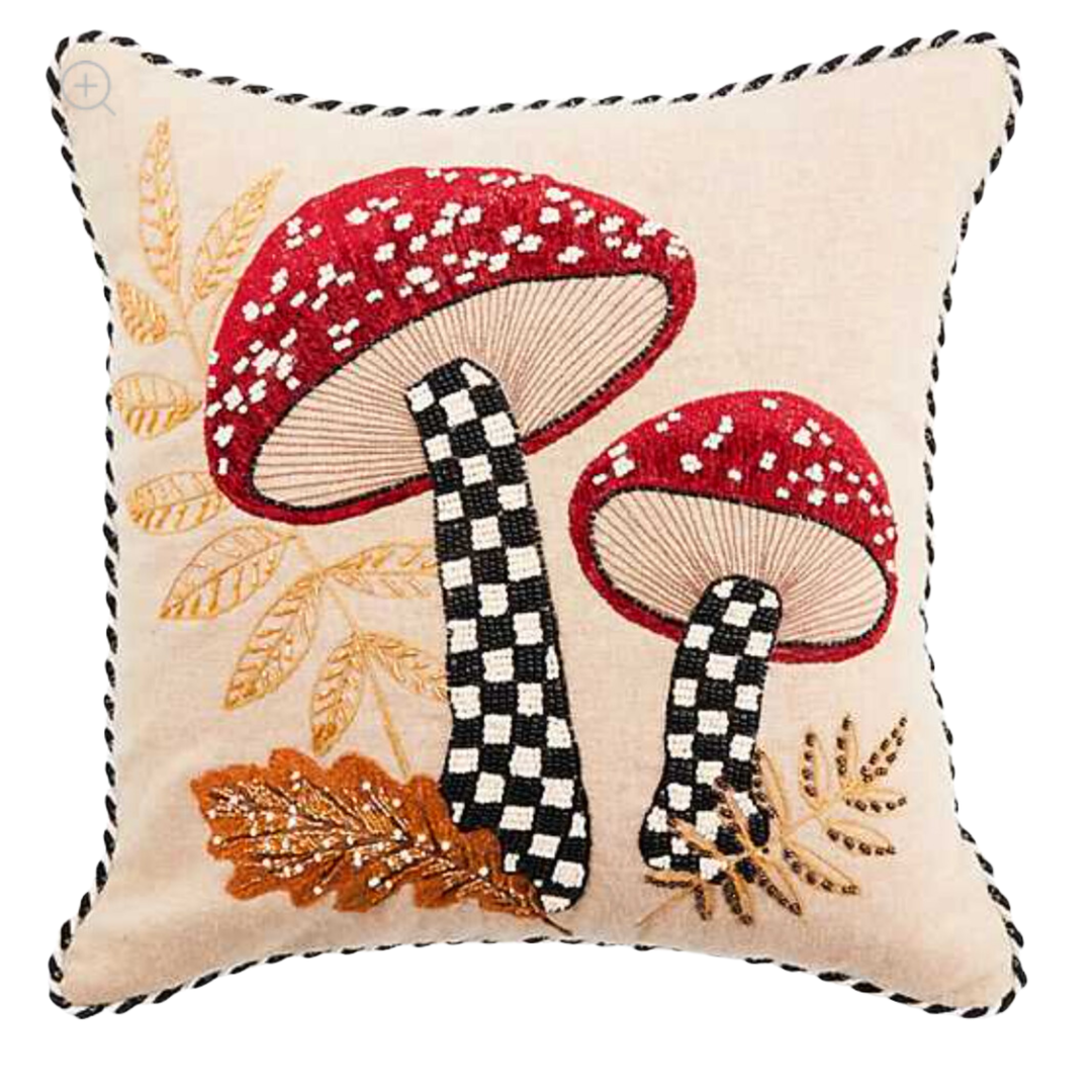 MACKENZIE CHILDS Mushroom Check Beaded Throw Pillow