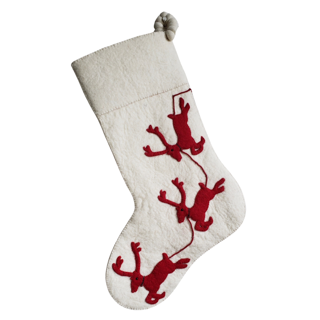 ARCADIA HOME Red Reindeer On Cream Hand Felted Wool Christmas Stocking