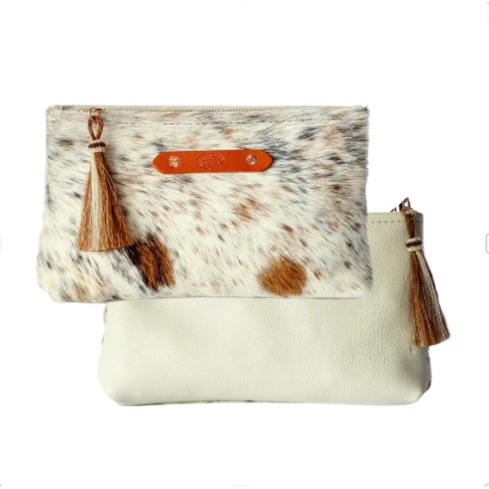 COPPERDOT LEATHER GOODS ZIPPY CLUTCH CREAM & BROWN COW HIDE