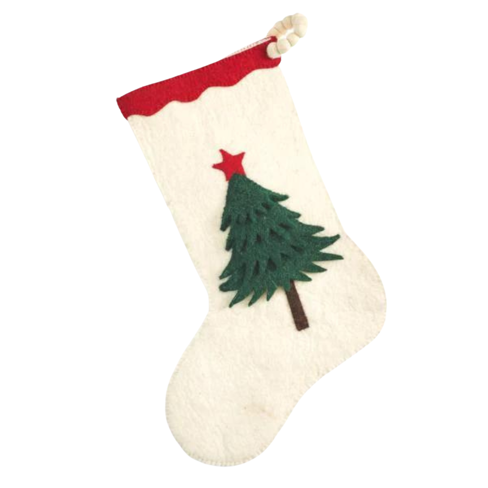 ARCADIA HOME Cream Christmas Tree Hand Felted Stocking