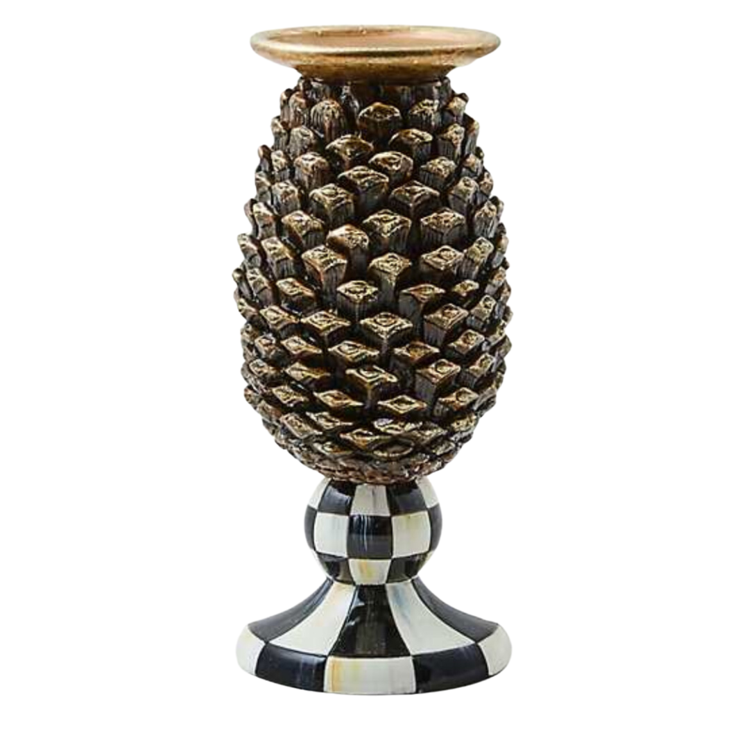 MACKENZIE CHILDS Courtly Check Pinecone Short Pillar Candle Holder