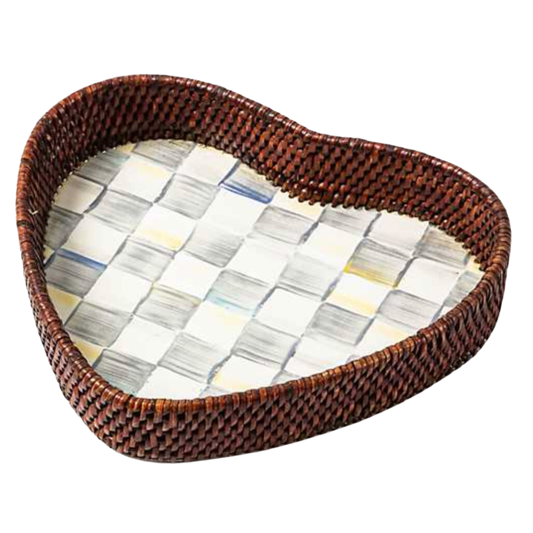 MACKENZIE CHILDS Sterling Check Rattan And Enamel Heart Tray